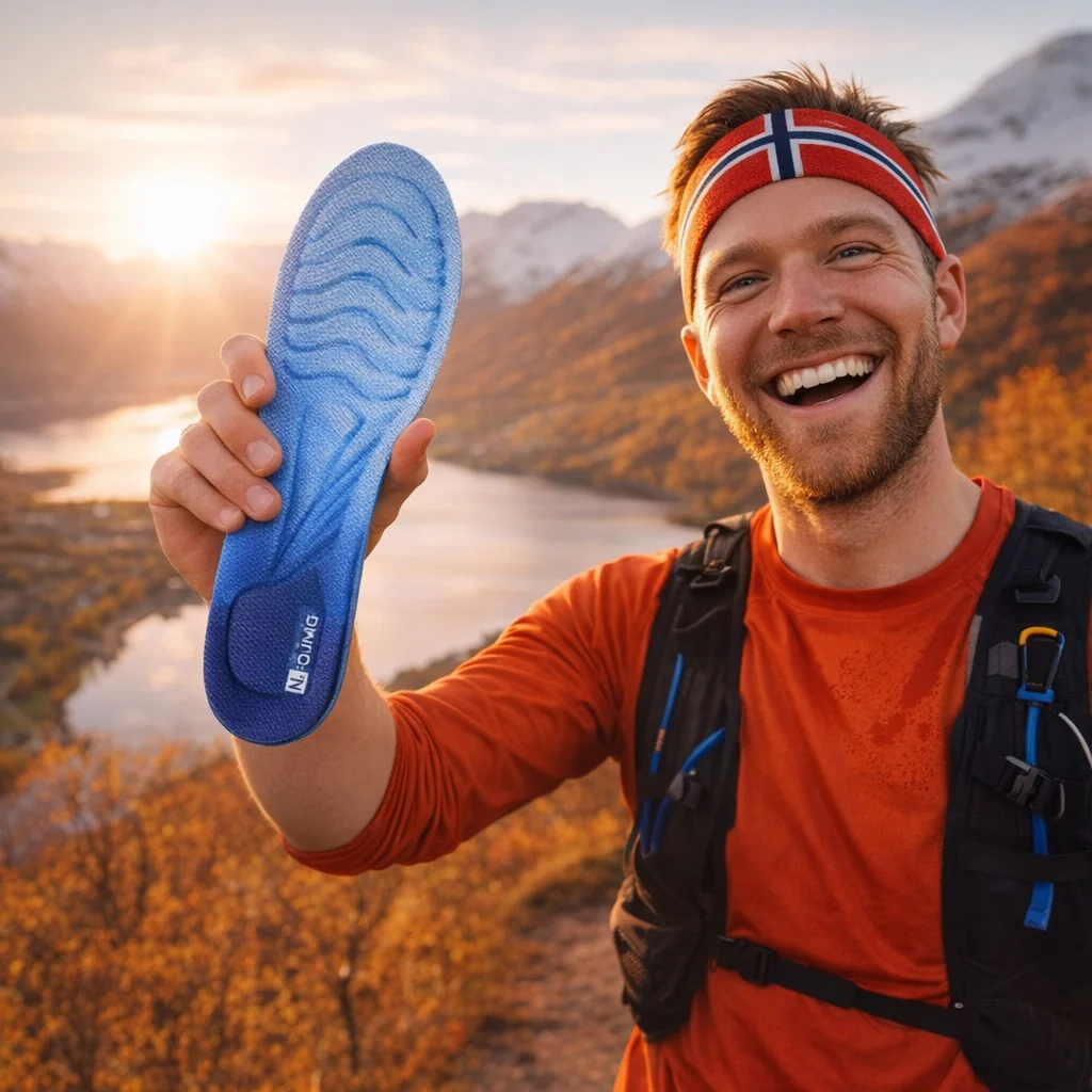 Fornøyd kunde holder Skysole støtdempende innleggssåler til treningssko etter vellykket løpetur